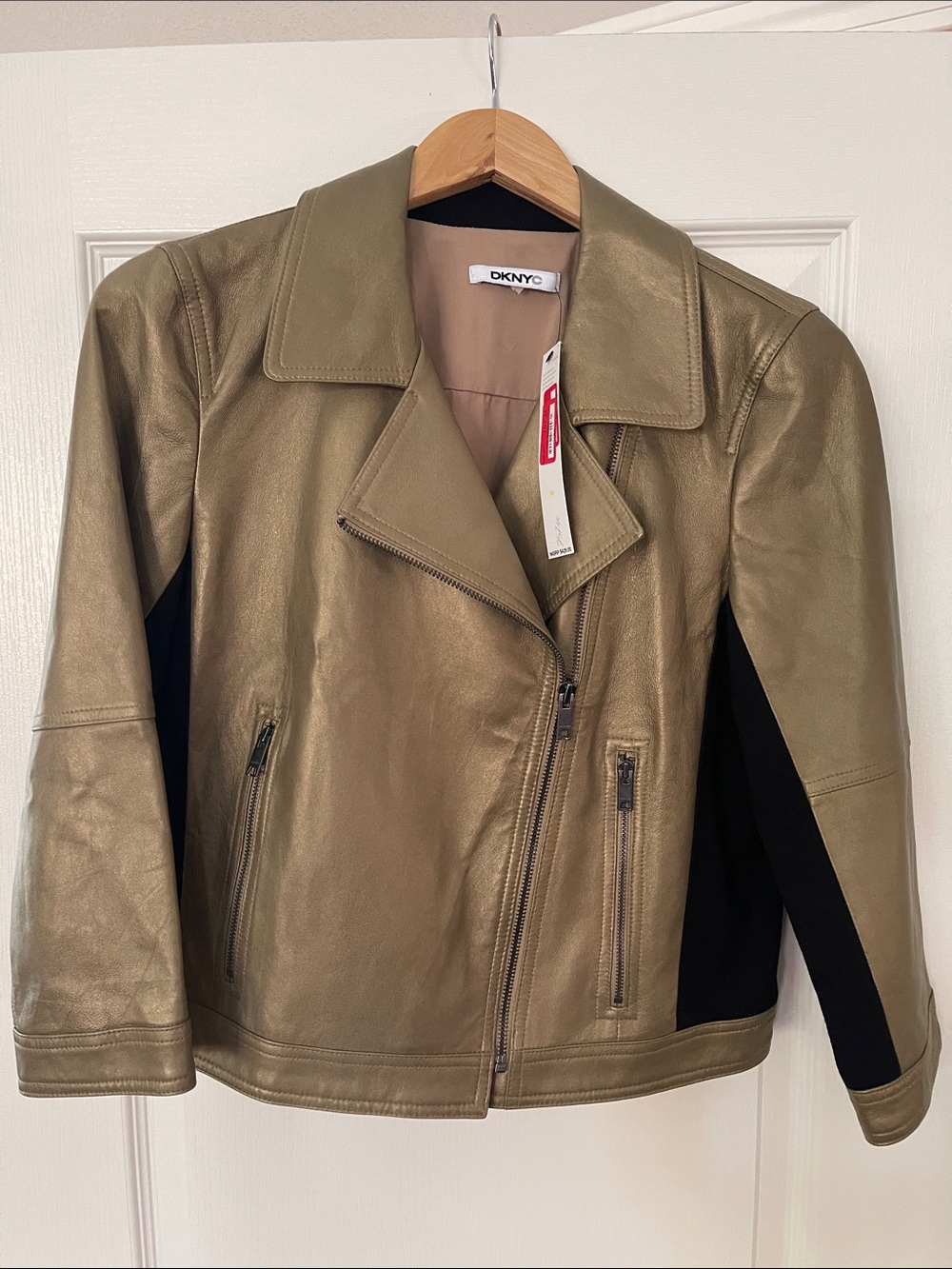 DKNY Metallic Gold Leather Moto Jacket with Black Panels